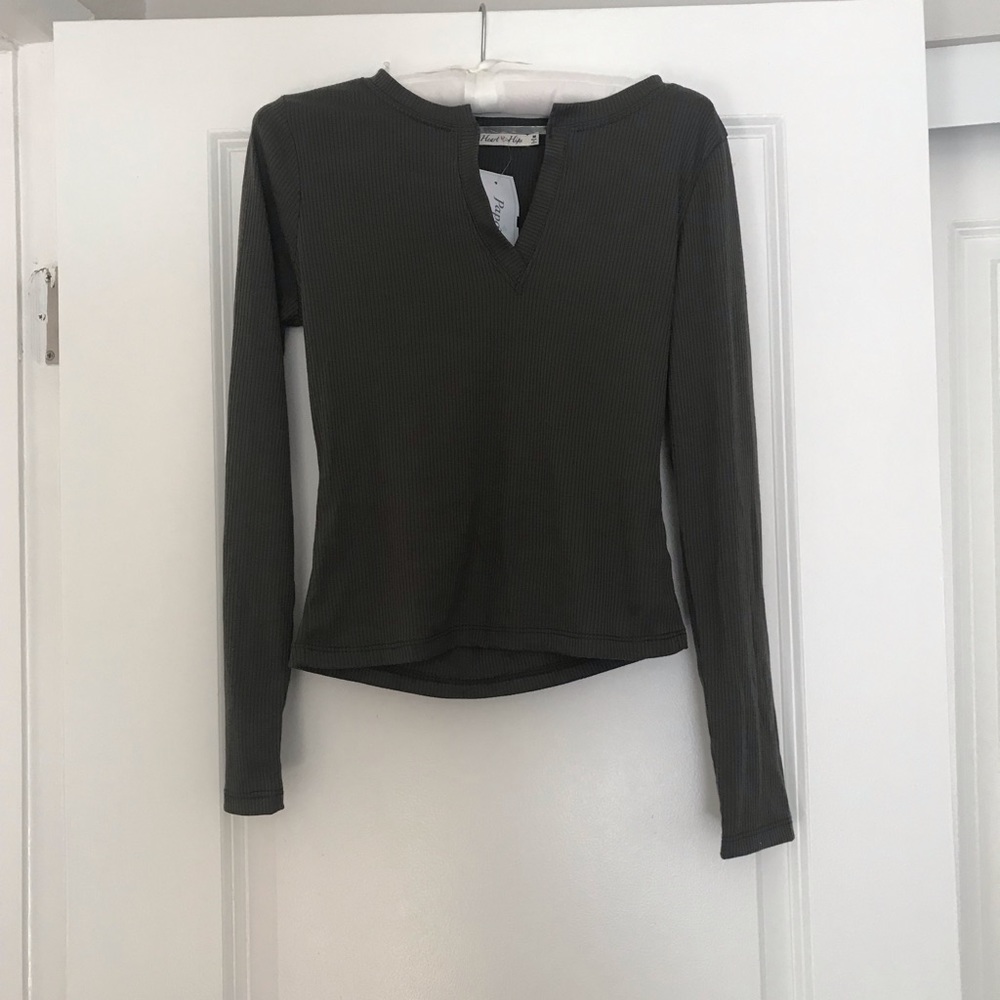 Heart hips khaki knit v neck long sleeve top